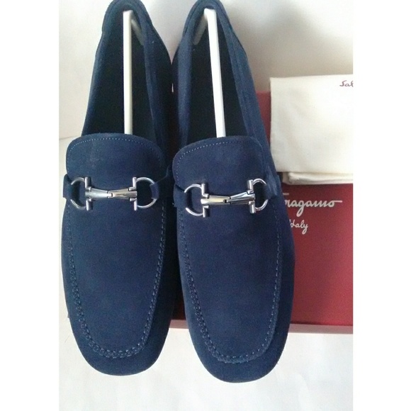 New! SALVATORE FERRAGAMO Blue Suede Bit Loafers - Picture 8 of 8